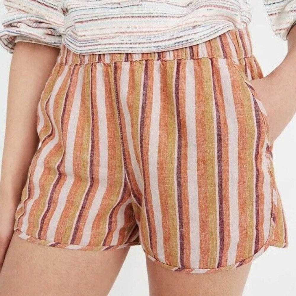 Madewell Linen Cotton Blend Retro Pull-On Shorts in Rainbow Stripe Women's Sz MD